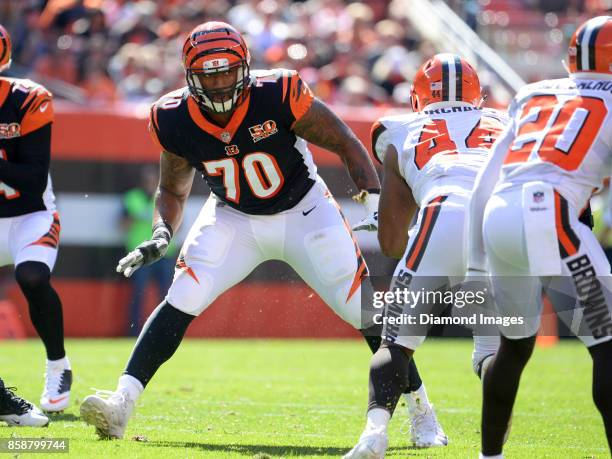 Left tackle Cedric Ogbuehi of the Cincinnati Bengals prepares to engage defensive lineman Nate Orchard of the Cleveland Browns in the second quarter...