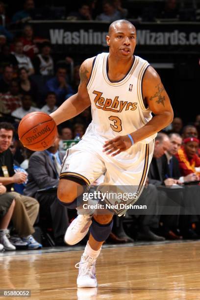 Caron Butler of the Washington Wizards moves the ball up court during the game against the Cleveland Cavaliers at the Verizon Center on April 2, 2009...