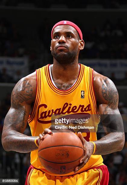 LeBron James of the Cleveland Cavaliers shoots a free throw during the game against the Washington Wizards at the Verizon Center on April 2, 2009 in...
