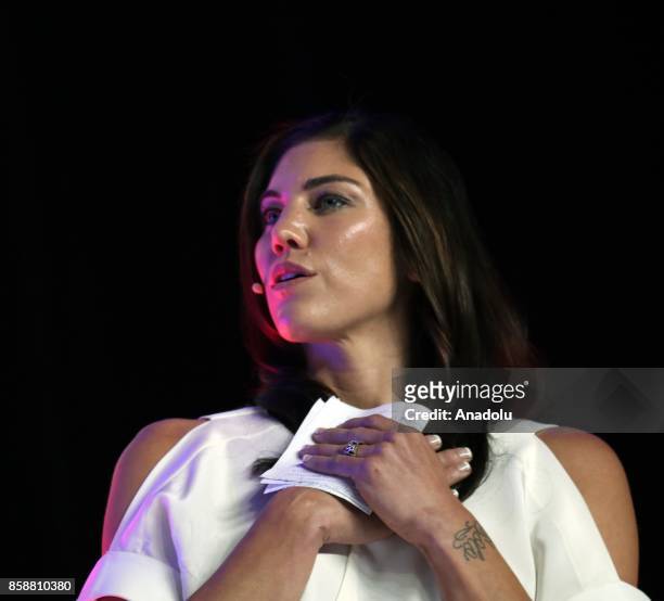 Goalkeeper Hope Solo attends the One Young World Summit 2017 at Agora Bogota Convention Center in Bogota, Colombia on October 07, 2017.