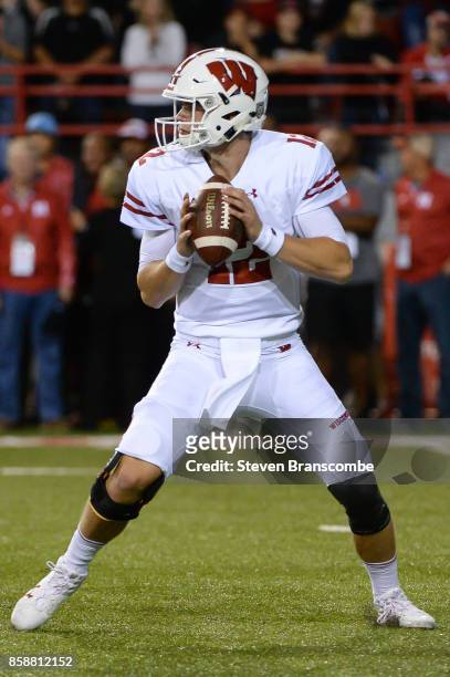 Quarterback Alex Hornibrook of the Wisconsin Badgers drops back to pass against the Nebraska Cornhuskers at Memorial Stadium on October 7, 2017 in...