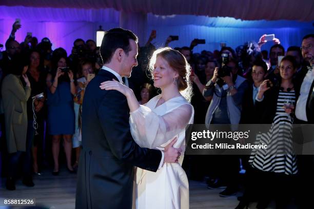 Prince Philip Of Serbia And Danica Marinkovic during their wedding at The White Palace on October 7, 2017 in Belgrade, Serbia.