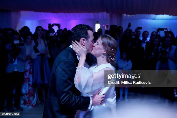 Prince Philip Of Serbia And Danica Marinkovic during their wedding at The White Palace on October 7, 2017 in Belgrade, Serbia.