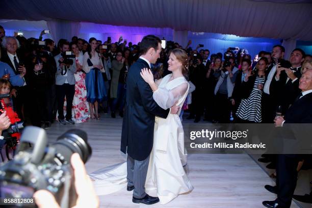 Prince Philip Of Serbia And Danica Marinkovic during their wedding at The White Palace on October 7, 2017 in Belgrade, Serbia.