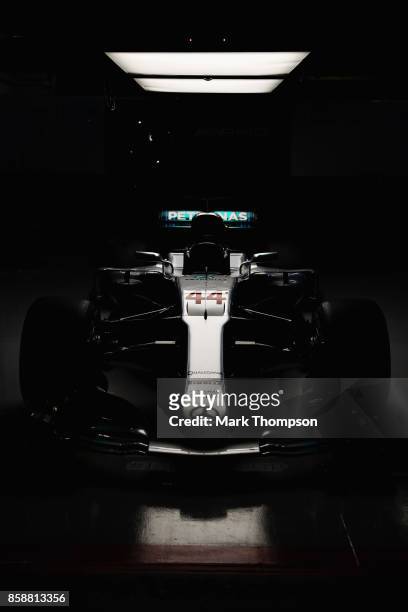 The car of Lewis Hamilton of Great Britain and Mercedes GP sits in the Mercedes AMG garage after qualifying for the Formula One Grand Prix of Japan...