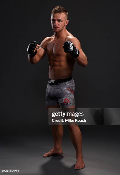 Cody Stamann poses for a portrait backstage after his victory over Tom Duquesnoy during the UFC 216 event inside TMobile Arena on October 7, 2017 in...