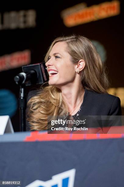 Maggie Lawson speaks at the "Psych" reunion and movie sneak peek panel during 2017 New York Comic Con - Day 3 at Javitz Center on October 7, 2017 in...