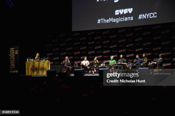 Jason Ralph, Stella Maeve, Olivia Taylor Dudley, Hale Appleman, Arjun Gupta and Jade Tailor speak at The Magicians Panel during 2017 New York Comic...