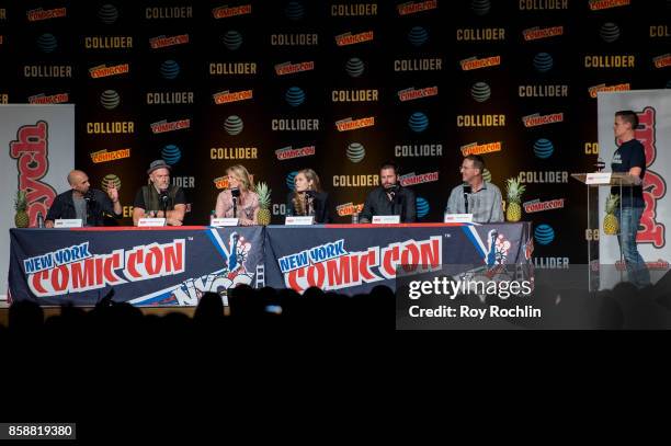 Chris Henze, Corbin Bernsen, Kirsten Nelson, Maggie Lawson, James Roday and Steve Franks and moderator Michael Ausiello speak at the "Psych" reunion...