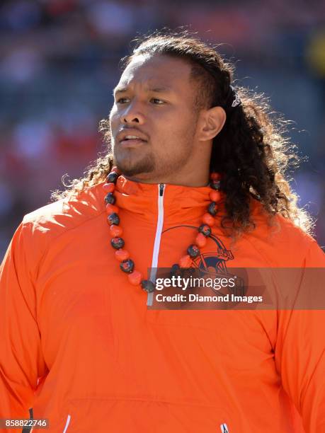 Defensive tackle Danny Shelton of the Cleveland Browns walks along the sideline in the third quarter of a game on October 1, 2017 against the...