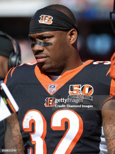 Running back Jeremy Hill of the Cincinnati Bengals walks along the sideline in the fourth quarter of a game on October 1, 2017 against the Cleveland...