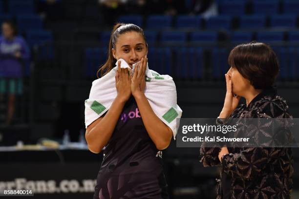 Maria Tutaia of New Zealand and Head Coach Janine Southby of New Zealand reacting after the defeat in the 2017 Constellation Cup match between...