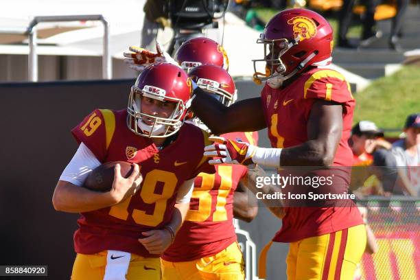 Matt Fink celebrates his 51 yard touchdown run with USC Joseph Lewis IV during a college football game between the Oregon State Beavers and the USC...