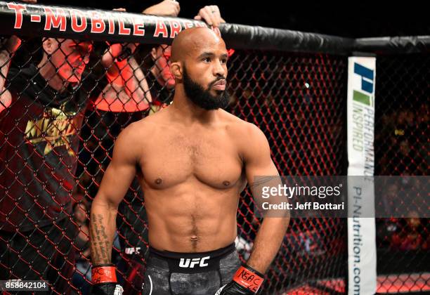 Demetrious Johnson stands in the Octagon prior to his UFC flyweight championship bout against Ray Borg during the UFC 216 event inside T-Mobile Arena...