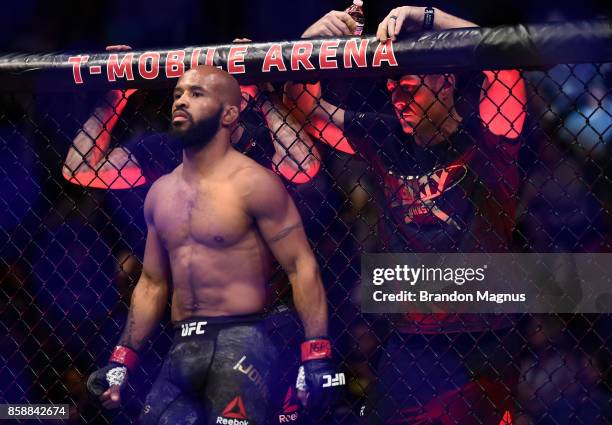 Demetrious Johnson stands in the Octagon prior to his UFC flyweight championship bout against Ray Borg during the UFC 216 event inside T-Mobile Arena...