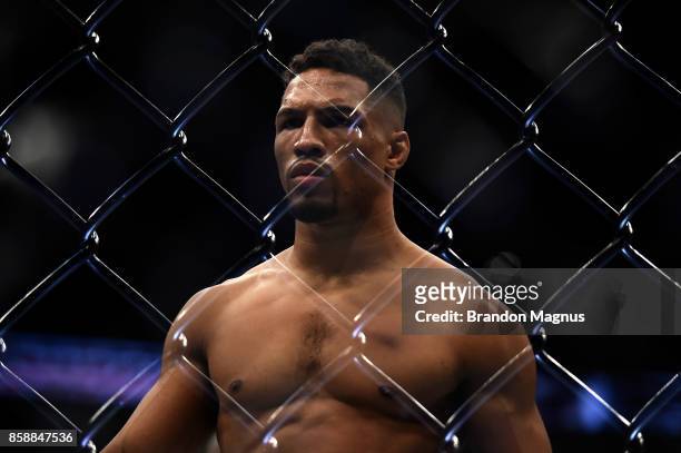 Kevin Lee stands in the Octagon prior to his interim UFC lightweight championship bout against Tony Ferguson during the UFC 216 event inside T-Mobile...