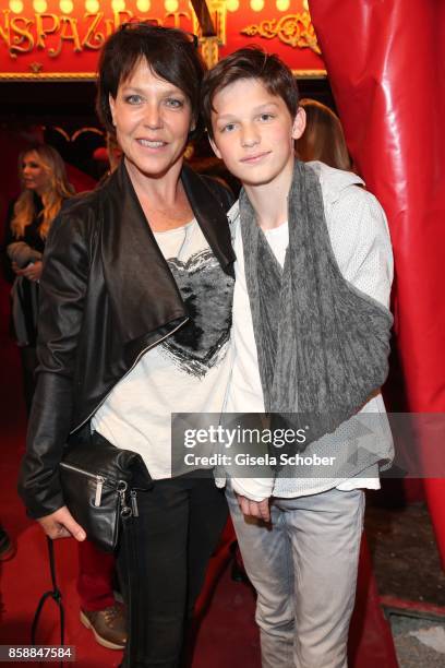 Janina Hartwig and her son David Hartwig during the premiere of the Circus Roncalli '40 Jahre Reise zum Regenbogen' on October 7, 2017 in Munich,...