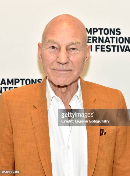 Actor Patrick Stewart poses for a photo prior to A Conversation With Patrick Stewart at East Hampton Middle School during Hamptons International Film...