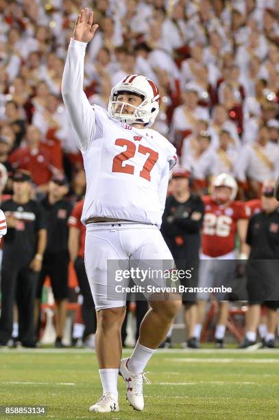 Place kicker Rafael Gaglianone of the Wisconsin Badgers kicks a field goal against the Nebraska Cornhuskersat Memorial Stadium on October 7, 2017 in...