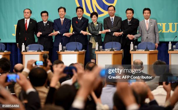 Leaders of Japan's political parties, from L-R: head of Social Democratic Party Tadatomo Yoshida, head of Japan Restoration Party Ichiro Matsui, head...