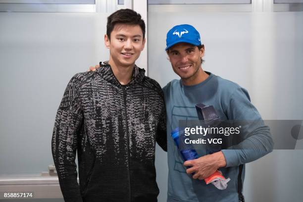 Chinese swimmer Ning Zetao meets with Spanish tennis player Rafael Nadal on day eight of 2017 China Open on October 7, 2017 in Beijing, China.