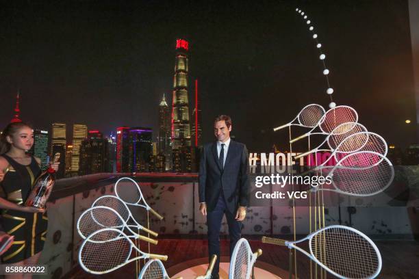 Roger Federer of Switzerland attends a Moet & Chandon activity ahead of the 2017 ATP 1000 Shanghai Rolex Masters on October 7, 2017 in Shanghai,...