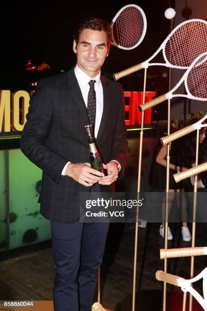 Roger Federer of Switzerland attends a Moet & Chandon activity ahead of the 2017 ATP 1000 Shanghai Rolex Masters on October 7, 2017 in Shanghai,...