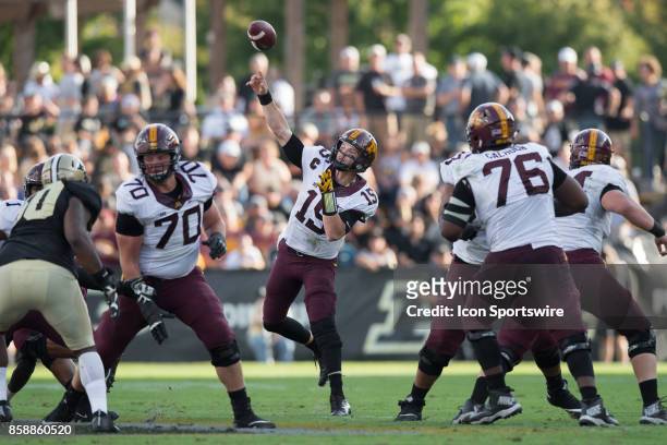 Minnesota Golden Gophers quarterback Conor Rhoda throws a deep pass during the college football game between the Purdue Boilermakers and Minnesota...