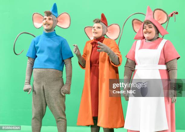 Gal Gadot" Episode 1727 -- Pictured: Kyle Mooney, Kate McKinnon, Aidy Bryant as mice during "The Princess & The Mice" in Studio 8H on October 7, 2017...