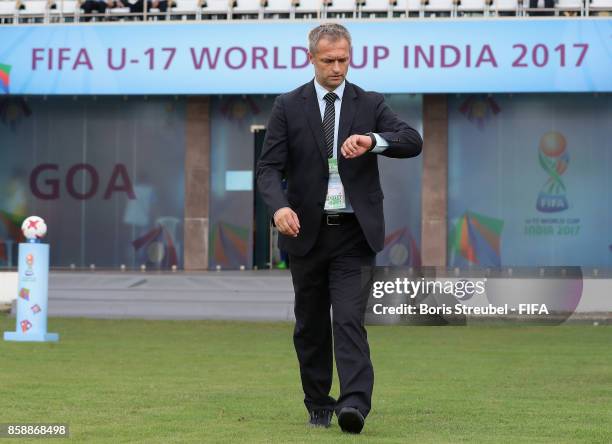 Christian Wueck of Germany looks on the watch during the FIFA U-17 World Cup India 2017 group C match between Germany and Costa Rica at Pandit...