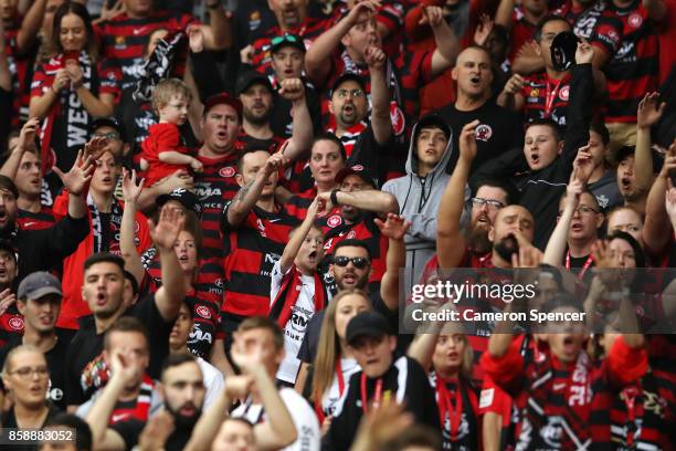 Wanderers fans sing during the round one A-League match between the Western Sydney Wanderers and the Perth Glory at Spotless Stadium on October 8,...