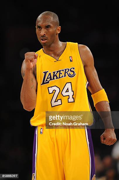 Kobe Bryant of the Los Angeles Lakers pumps his fist during a game against the Denver Nuggets at Staples Center on April 9, 2009 in Los Angeles,...