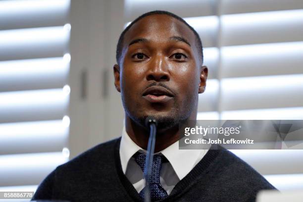 Los Angeles Rams Director of External Affairs and Community Relations Johnathan Franklin speaks during the Sports Career Conference at the W Los...