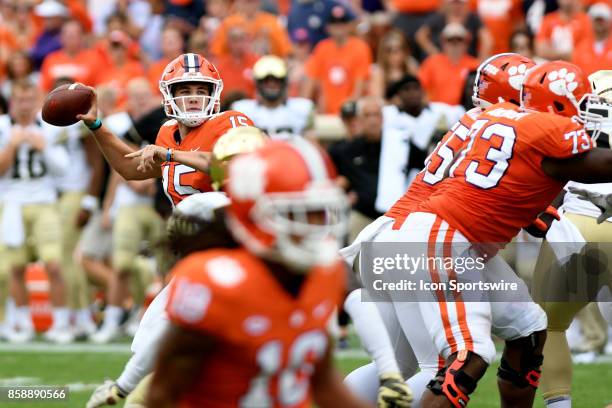 Clemson Tigers quarterback Hunter Johnson pulls back to pass during the ACC college football game between the Wake Forest Demon Deacons and the...