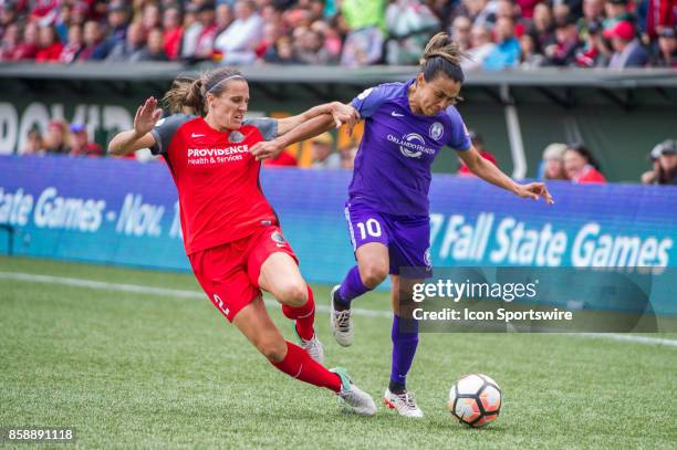 Orlando Pride forward Marta and Portland Thorns defender Katherine Reynolds during play offs semifinals between the Portland Thorns and the Orlando...