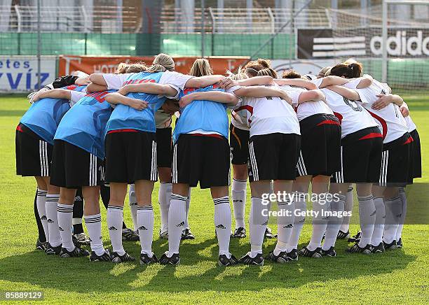 The Germany U 17 National Team builds a circle prior to the U17 Women international friendly match between Germany and Russia at the Sopron stadium...