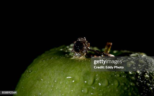 anillo en manzana roja y verde con gotas de agua y fondo negro - fondo negro stockfoto's en -beelden