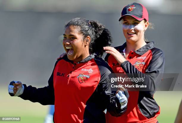 Tabatha Saville and Alex Price celebrate the win after the WNCL match between South Australia and Tasmania at Adelaide Oval No.2 on October 8, 2017...