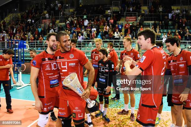 Nikola Mijailovic, Javier Gonzales, Sauli Sinkkonen, Jeremie Mouiel, Michael Saeta of Chaumont celebrate his victory during the volleyball supercup...