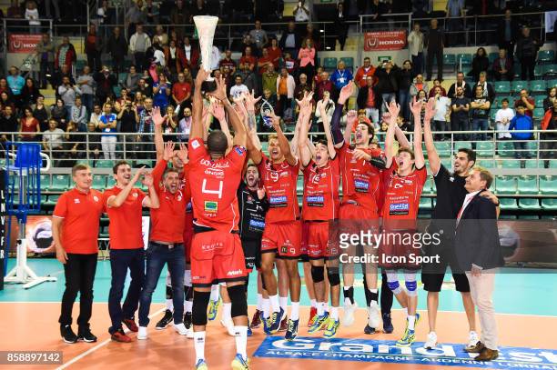 Javier Gonzales, Jeremie Mouiel, Stephen Boyer, Bryan Duquette, Yacine Louati, Michael Saeta of Chaumont celebrate his victory during the volleyball...