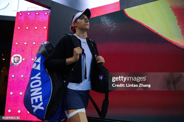 Caroline Garcia of France enters the tennis court during the Womens's Singles final match against Simona Halep of Romania on day nine of the 2017...