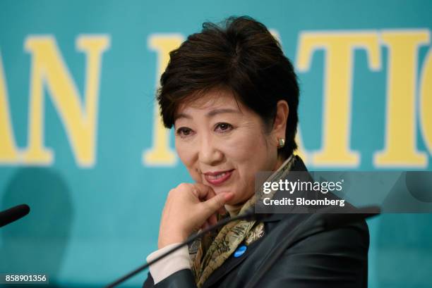 Yuriko Koike, governor of Tokyo and head of the Party of Hope, looks on during a debate with other party leaders ahead of the general election at the...