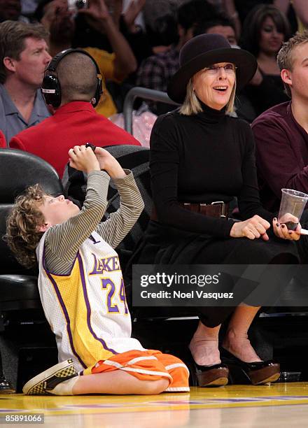 Diane Keaton and her son Duke attend the Los Angeles Lakers versus Denver Nuggets game at Staples Center on April 9, 2009 in Los Angeles, California.