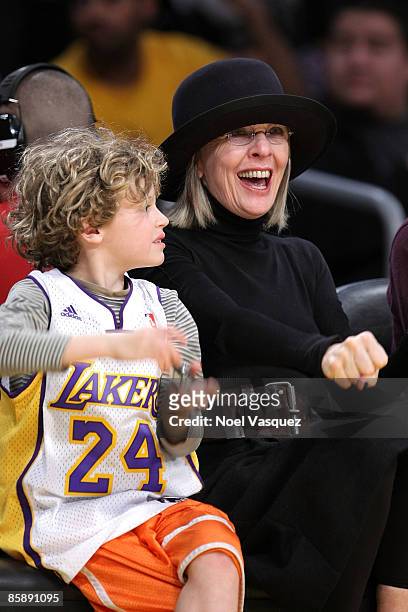 Diane Keaton and her son Duke attend the Los Angeles Lakers versus Denver Nuggets game at Staples Center on April 9, 2009 in Los Angeles, California.