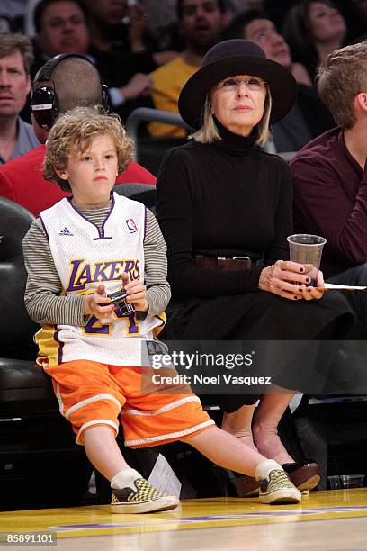 Diane Keaton and her son Duke attend the Los Angeles Lakers versus Denver Nuggets game at Staples Center on April 9, 2009 in Los Angeles, California.