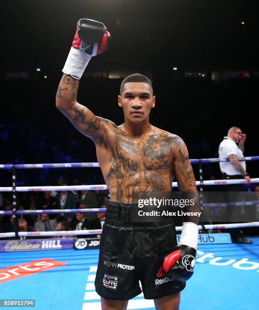 Conor Benn celebrates victory over Nathan Clarke during the Welterweight Championship fight at Manchester Arena on October 7, 2017 in Manchester,...