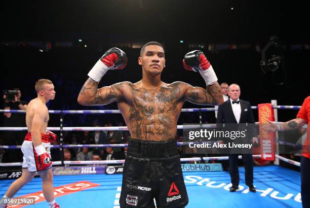 Conor Benn celebrates victory over Nathan Clarke during the Welterweight Championship fight at Manchester Arena on October 7, 2017 in Manchester,...