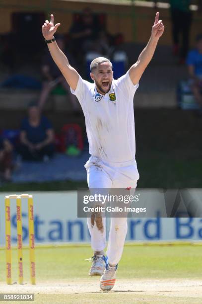 Wayne Parnell of the Proteas celebrates the wicket of Mushfiqur Rahim of Bangladesh during day 3 of the 2nd Sunfoil Test match between South Africa...