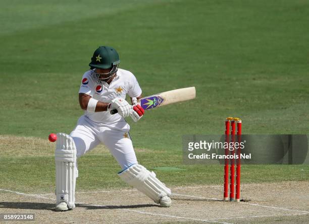 Sami Aslam of Pakistan bats during Day Three of the Second Test between Pakistan and Sri Lanka at Dubai International Cricket Ground on October 8,...
