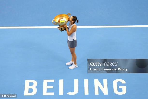 Caroline Garcia of France poses with her trophy after winning the Women's singles final match against Simona Halep of Romania on day nine of the 2017...
